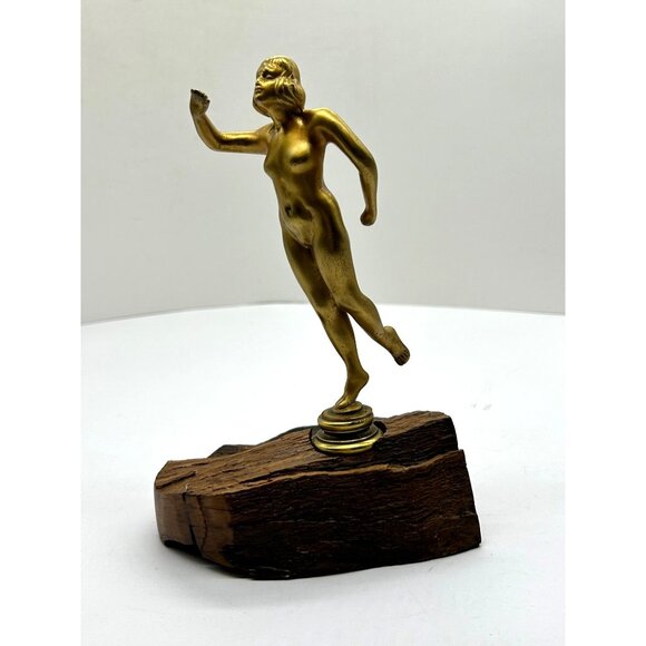 Brass Bronze Cast Metal Art Deco 8" Nude Statue Figurine Lady on Wood Base Vtg - Picture 1 of 15